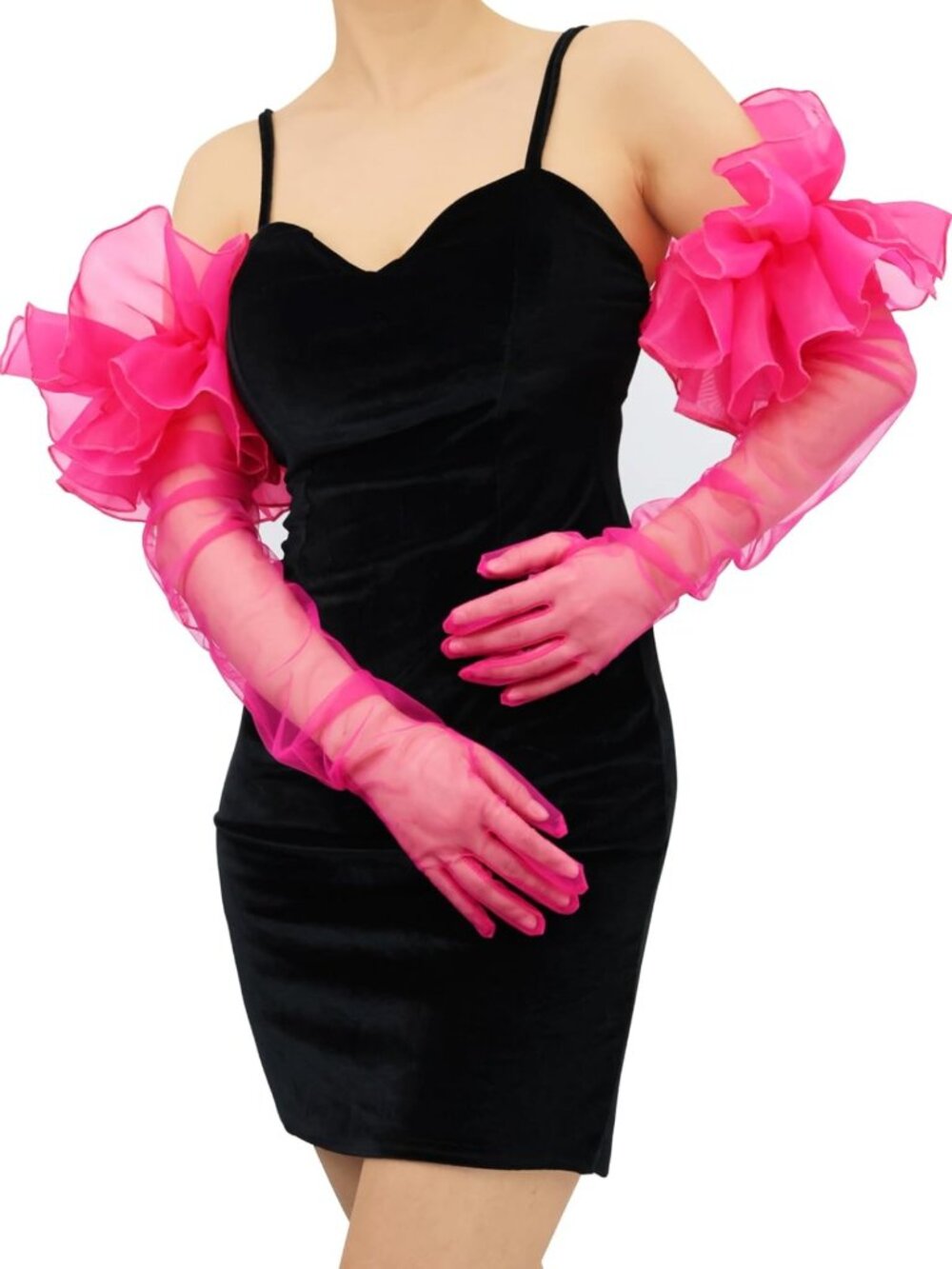 Chic Oversized Tulle Mesh Long Gloves for Women - Sheer Puff Style Fashion